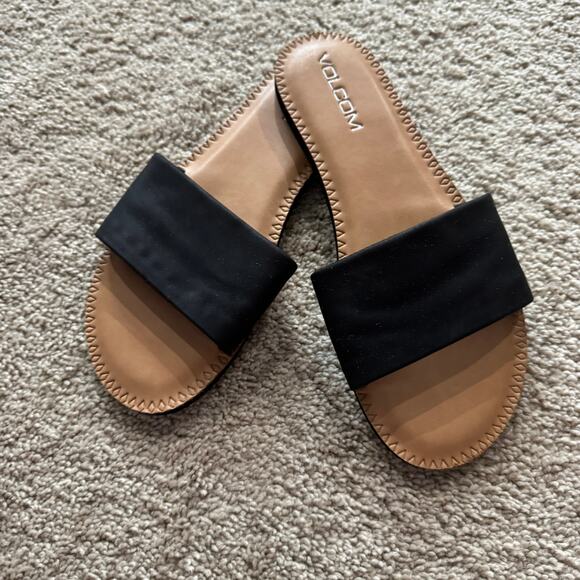 Volcom Women's Simple Slides Open Toe Sandals Size 6 w/ Black Leather Band - Picture 1 of 11